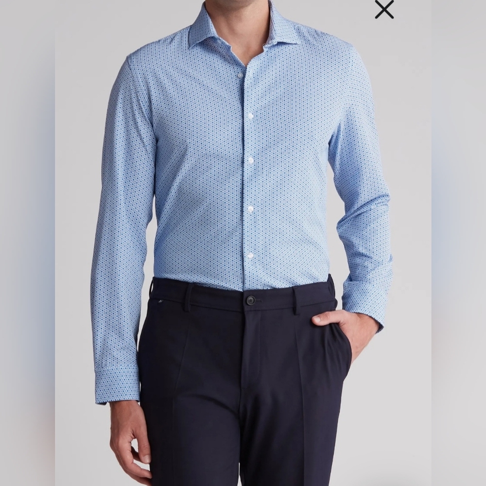 Geo print stretch button-up shirt.